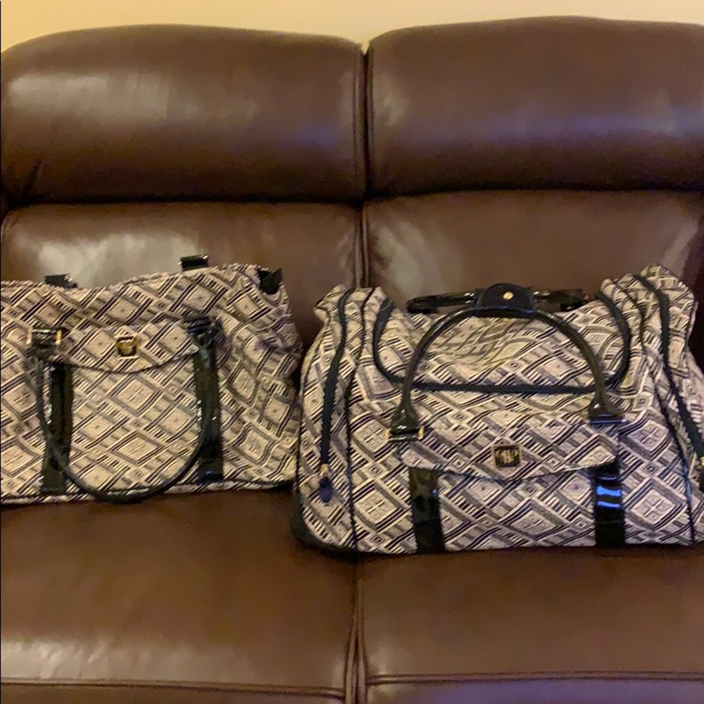 Rolling duffle bag with matching tote bag.